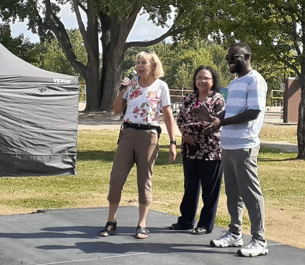 A photo of Councillor Kavanagh speaking at Britannia Park.